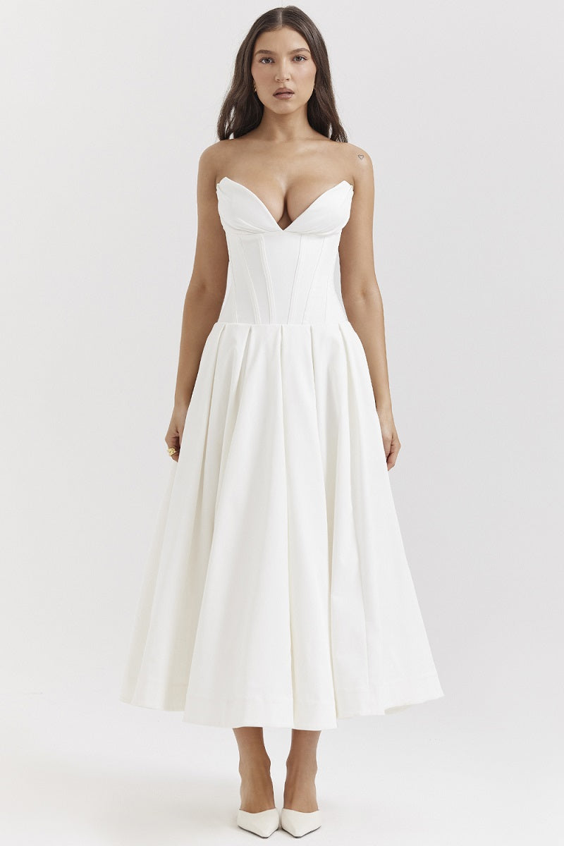 Corset-neck midi cocktail dress | Elegant and sensual evening style