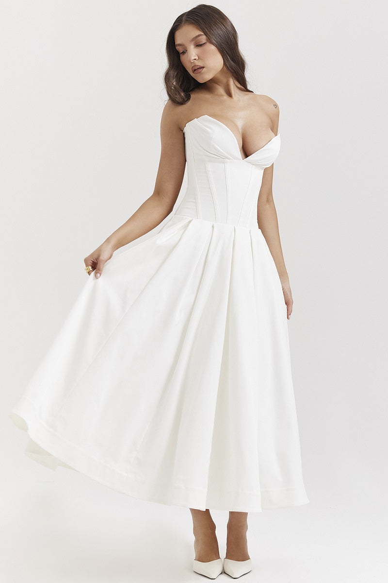 Corset-neck midi cocktail dress | Elegant and sensual evening style