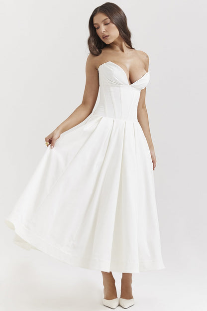 Corset-neck midi cocktail dress | Elegant and sensual evening style