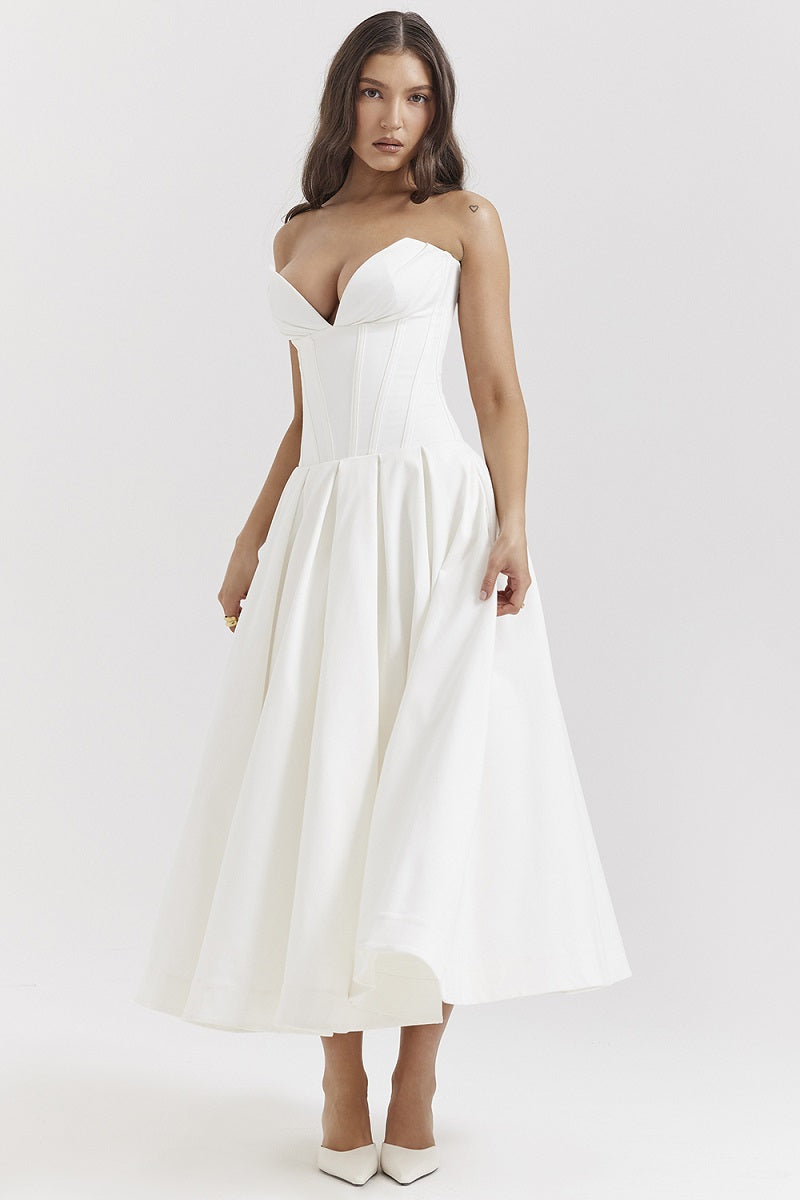 Corset-neck midi cocktail dress | Elegant and sensual evening style