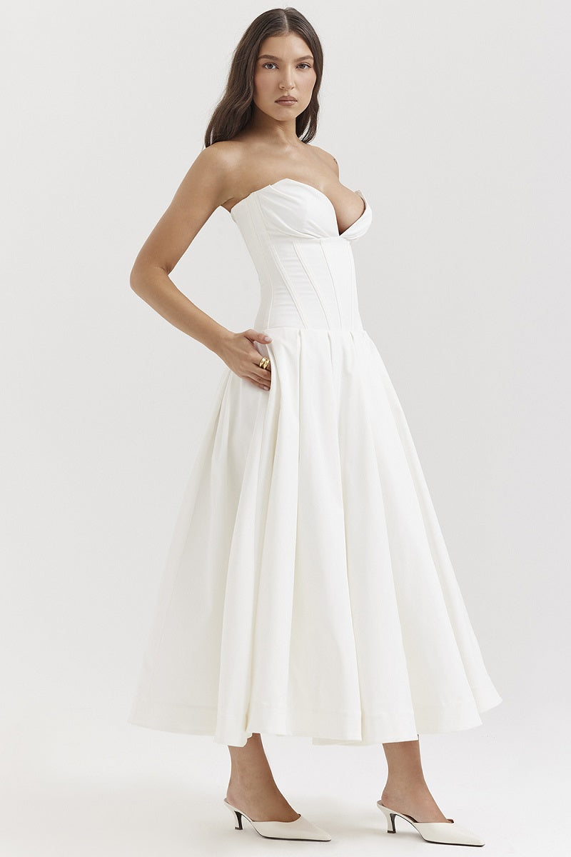 Corset-neck midi cocktail dress | Elegant and sensual evening style