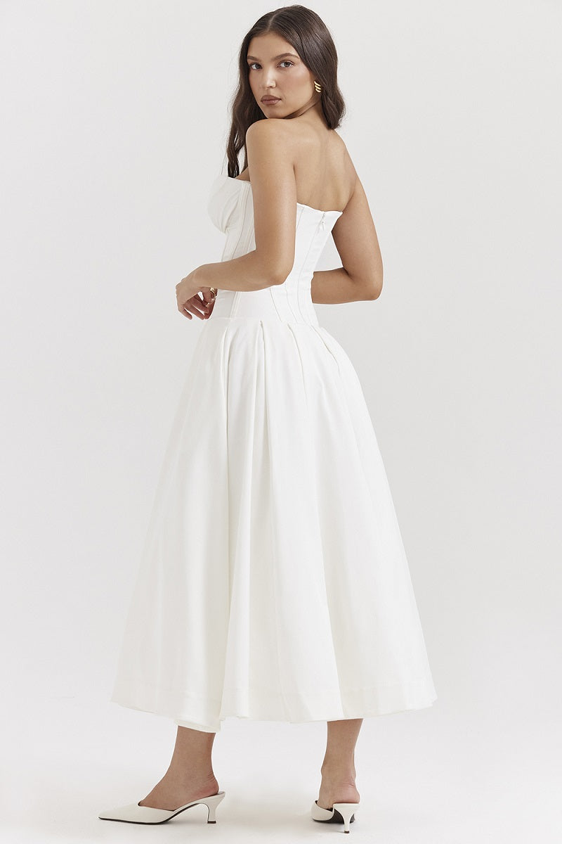 Corset-neck midi cocktail dress | Elegant and sensual evening style