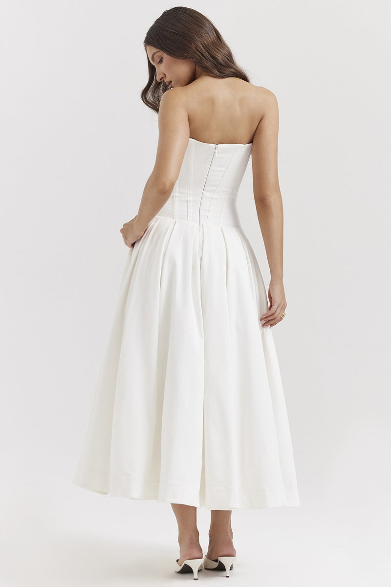 Corset-neck midi cocktail dress | Elegant and sensual evening style