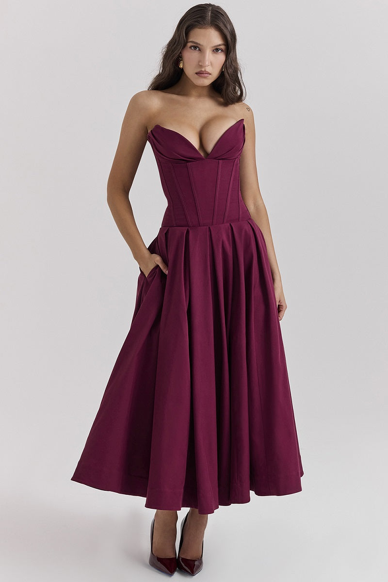 Corset-neck midi cocktail dress | Elegant and sensual evening style