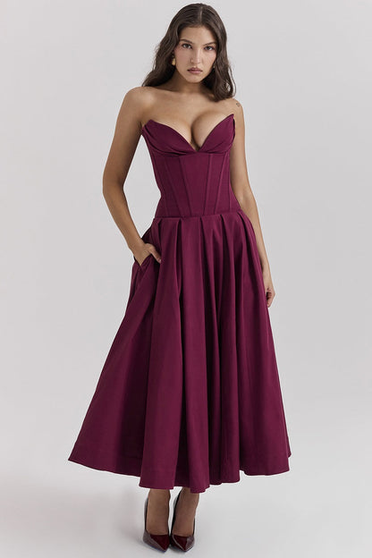 Corset-neck midi cocktail dress | Elegant and sensual evening style