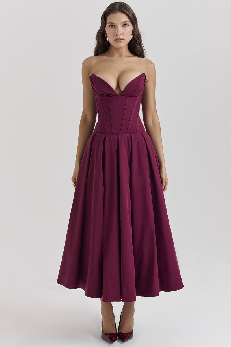 Corset-neck midi cocktail dress | Elegant and sensual evening style