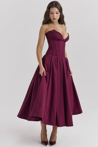 Corset-neck midi cocktail dress | Elegant and sensual evening style