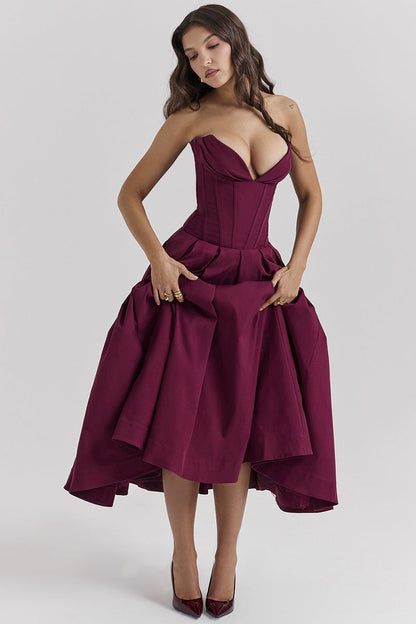 Corset-neck midi cocktail dress | Elegant and sensual evening style