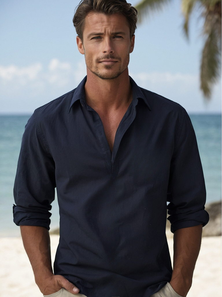 Men's Navy Linen Shirt - Breathable, Lightweight, Casual Beachwear
