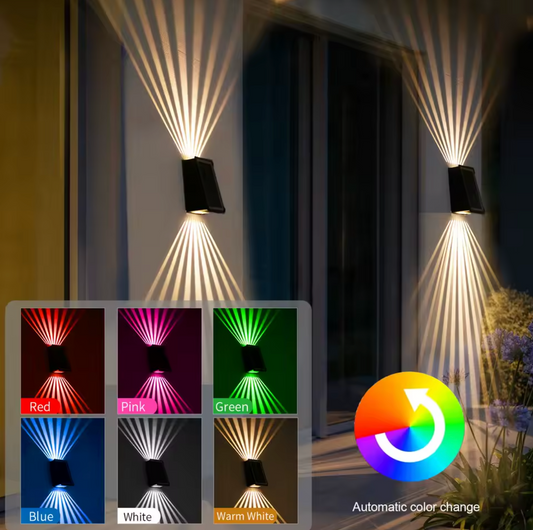 RGB Solar Wall Light for Terrace and Facade with 4-Sided Lighting and Color Selection