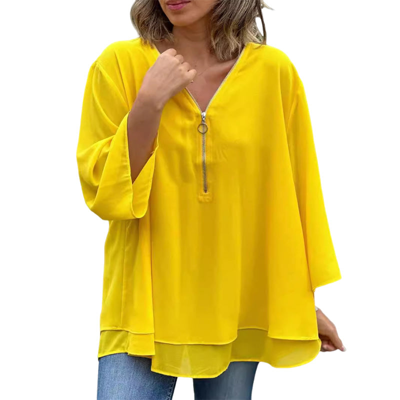 Janine | Flowy Half Zipper Sleeve Blouse