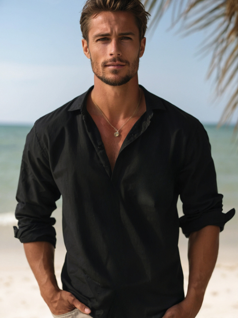 Men's Navy Linen Shirt - Breathable, Lightweight, Casual Beachwear