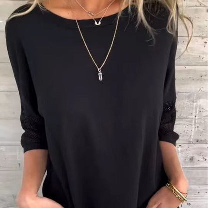Clarisse Women’s Casual Solid Color Round Neck 3/4 Sleeve T-Shirt