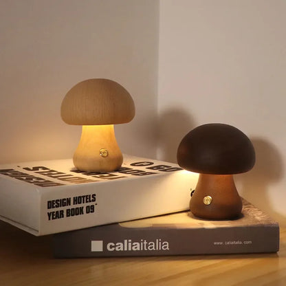 Table Lamp with Wooden Mushroom Design