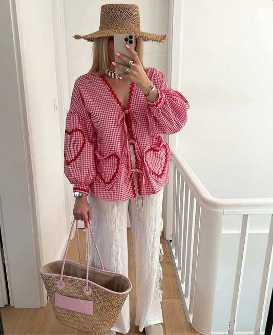 Vern - Plaid Heart Lace-Up Shirt