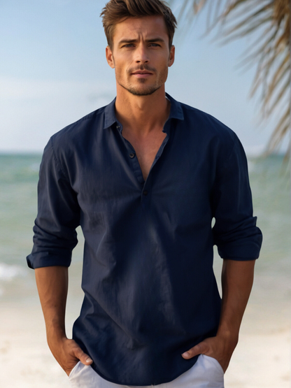 Men's Navy Linen Shirt - Breathable, Lightweight, Casual Beachwear