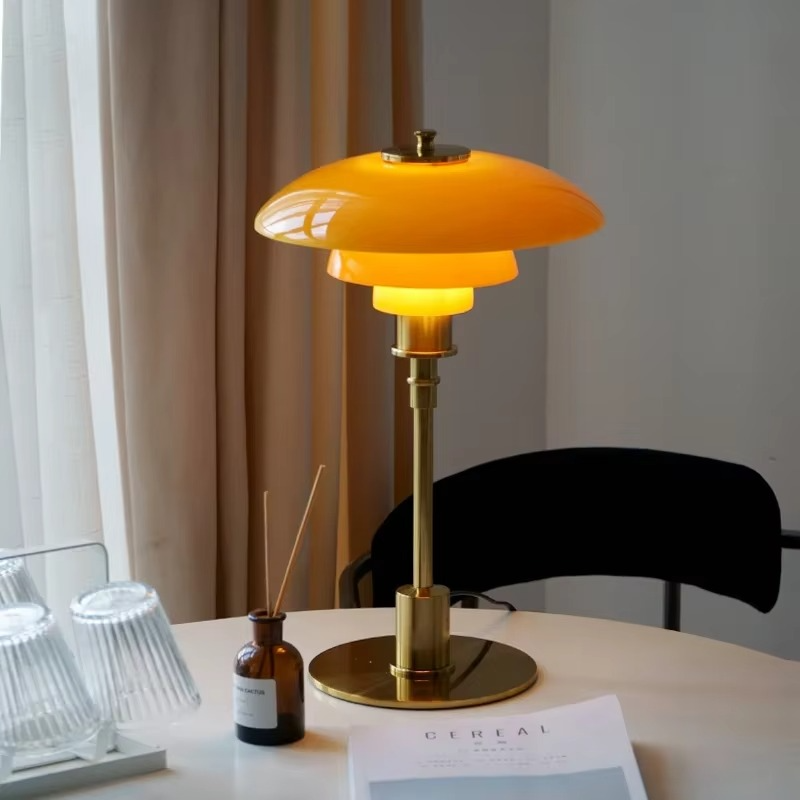 Table Lamp with Glass Shade and Brass Base