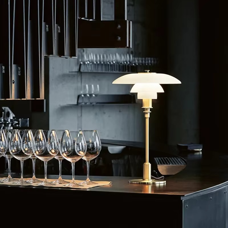 Table Lamp with Glass Shade and Brass Base