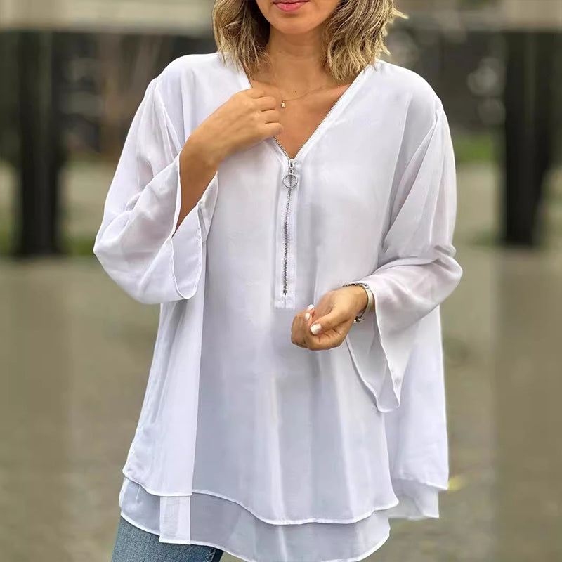 Janine | Flowy Half Zipper Sleeve Blouse