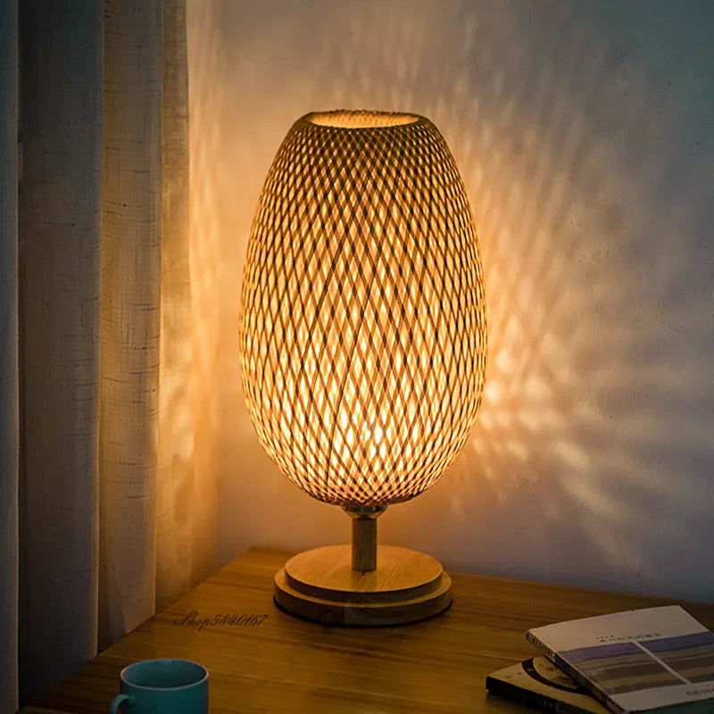 Table Lamp with Natural Bamboo Woven Shade